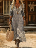 Women's printed long-sleeved V-neck dress