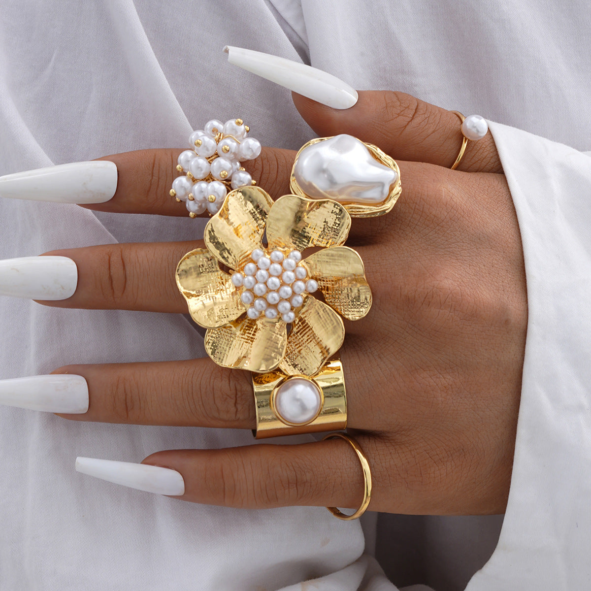Stackable Gemstone Pearl Open Wide Rings for Women