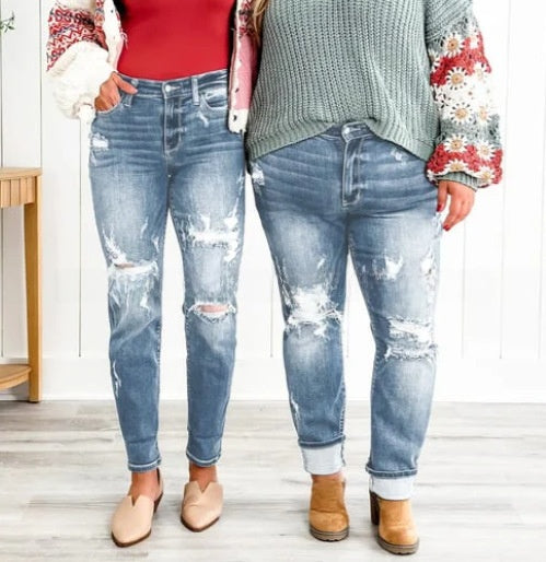 Women's High Waist Loose Fit Distressed Jeans