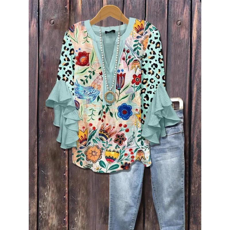 3D Floral Print V-Neck Ruffle Top