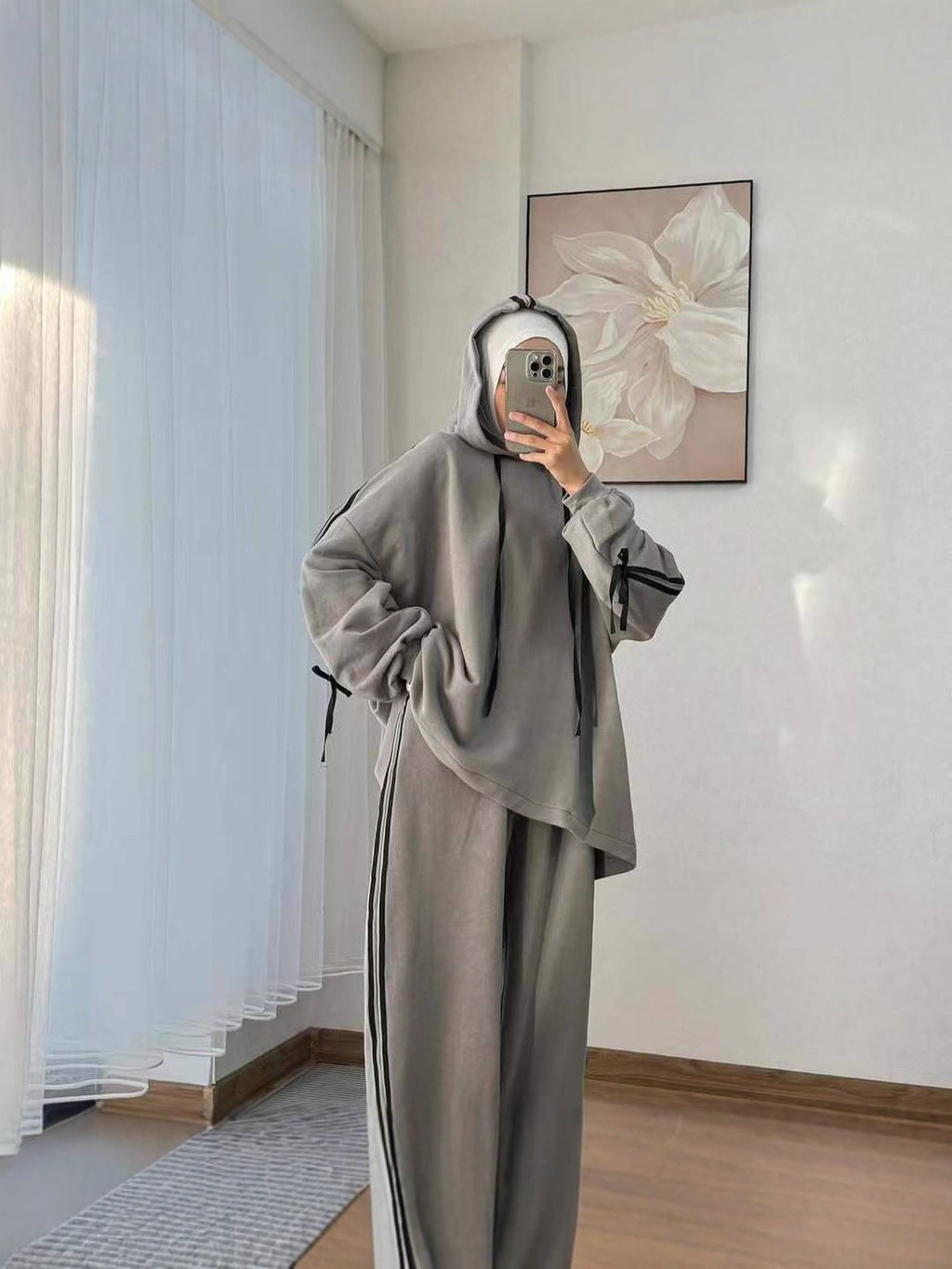 Women's Long Sleeve Hooded Wide Leg Pants Set
