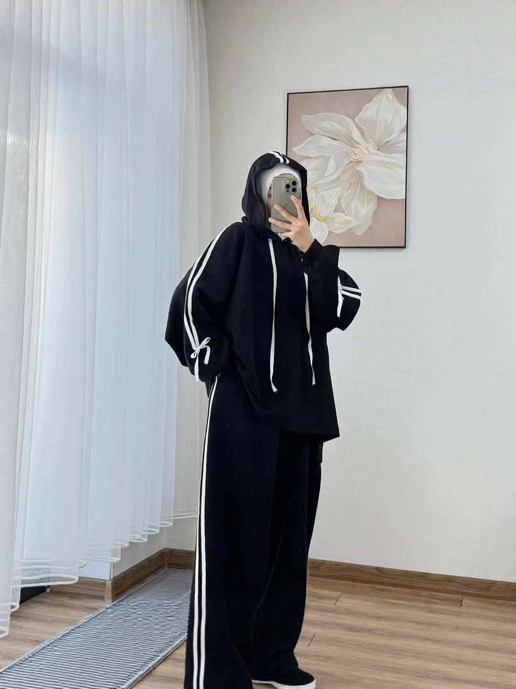 Women's Long Sleeve Hooded Wide Leg Pants Set