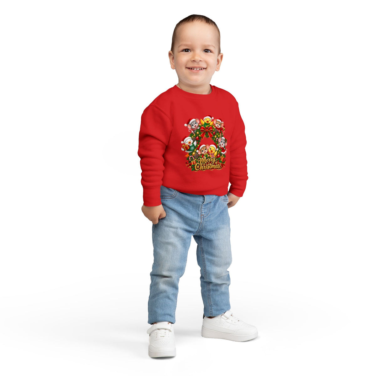 Toddler Sweatshirt — Merry Christmas Animal Wreath Holiday Crewneck
