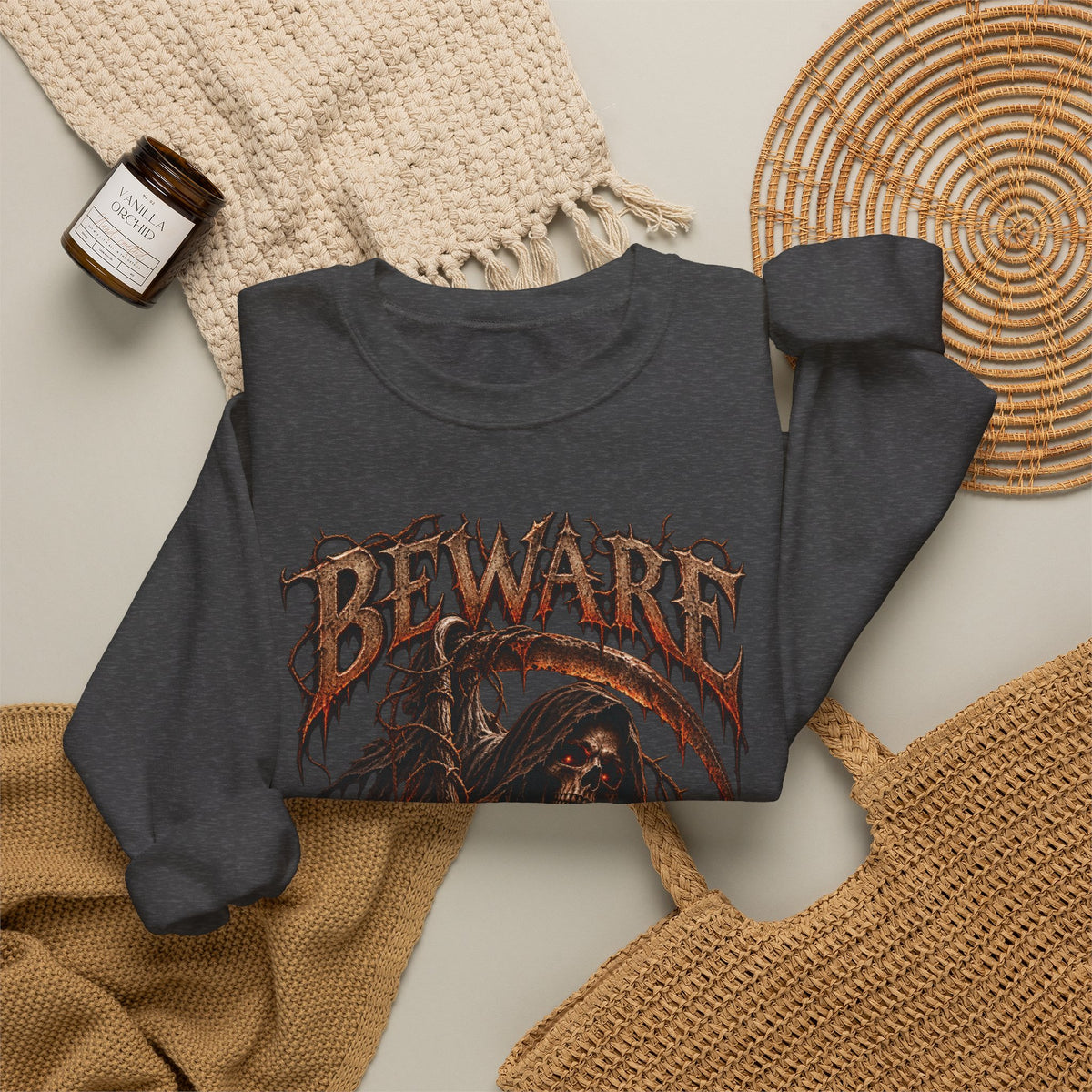 Beware Grim Reaper Sweatshirt — Gothic Skeleton Crewneck