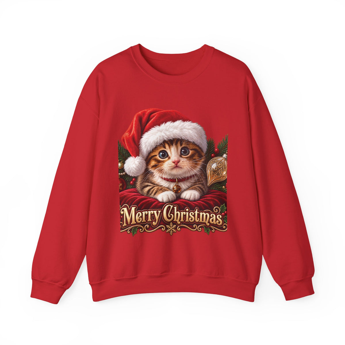 Christmas Kitten Crewneck Sweatshirt — "Merry Christmas" Holiday Cat Sweater