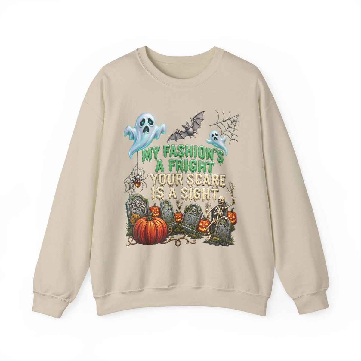 Halloween Ghost Crewneck Sweatshirt — "My Fashion's a Fright, Your Scare Is a Sight"