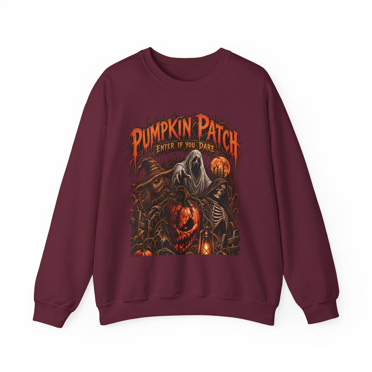 Pumpkin Patch Horror Crewneck Sweatshirt – Spooky Halloween Skull & Jack-O'-Lantern Design