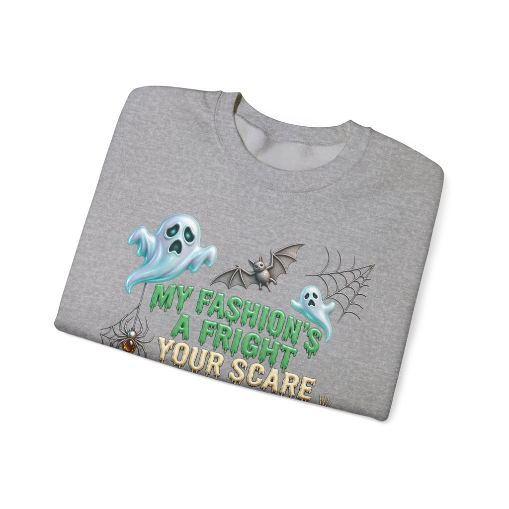 Halloween Ghost Crewneck Sweatshirt — "My Fashion's a Fright, Your Scare Is a Sight"
