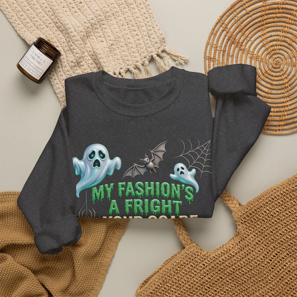 Halloween Ghost Crewneck Sweatshirt — "My Fashion's a Fright, Your Scare Is a Sight"