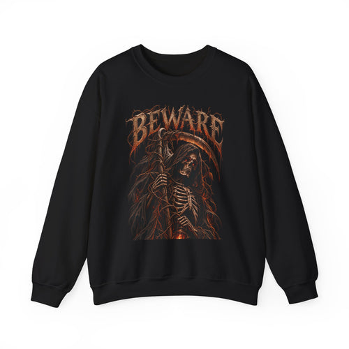 Beware Grim Reaper Sweatshirt — Gothic Skeleton Crewneck