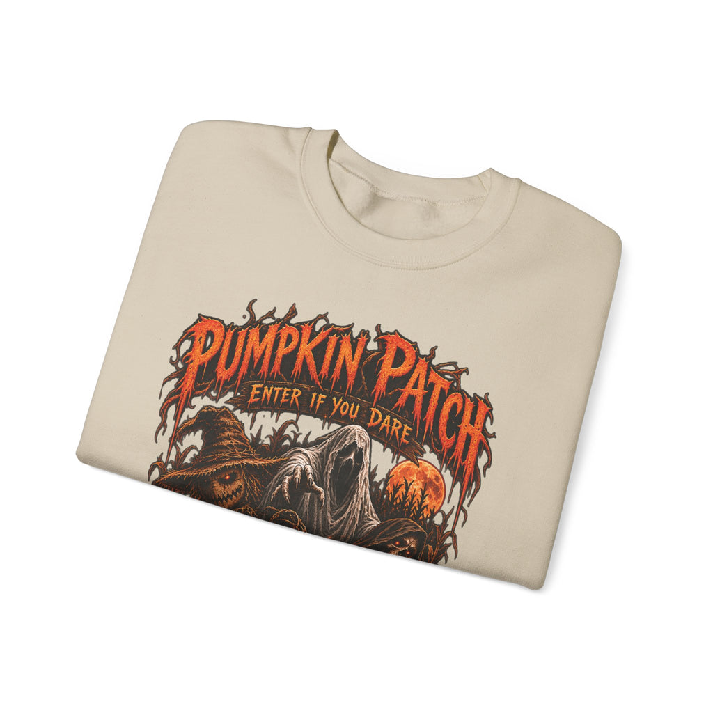Pumpkin Patch Horror Crewneck Sweatshirt – Spooky Halloween Skull & Jack-O'-Lantern Design