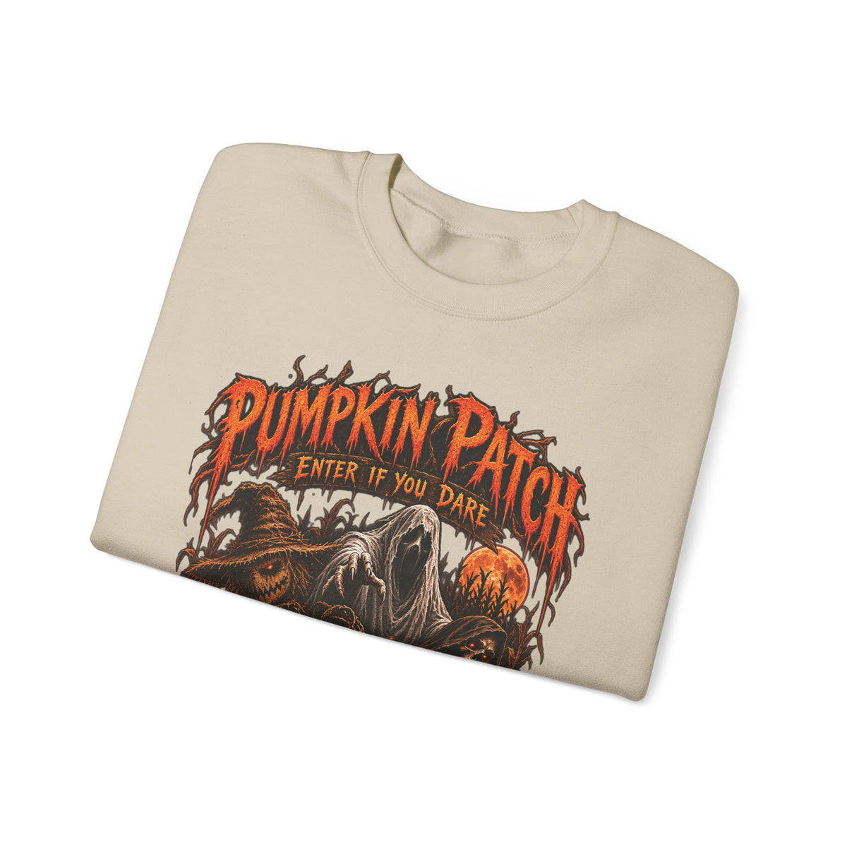 Pumpkin Patch Horror Crewneck Sweatshirt – Spooky Halloween Skull & Jack-O'-Lantern Design