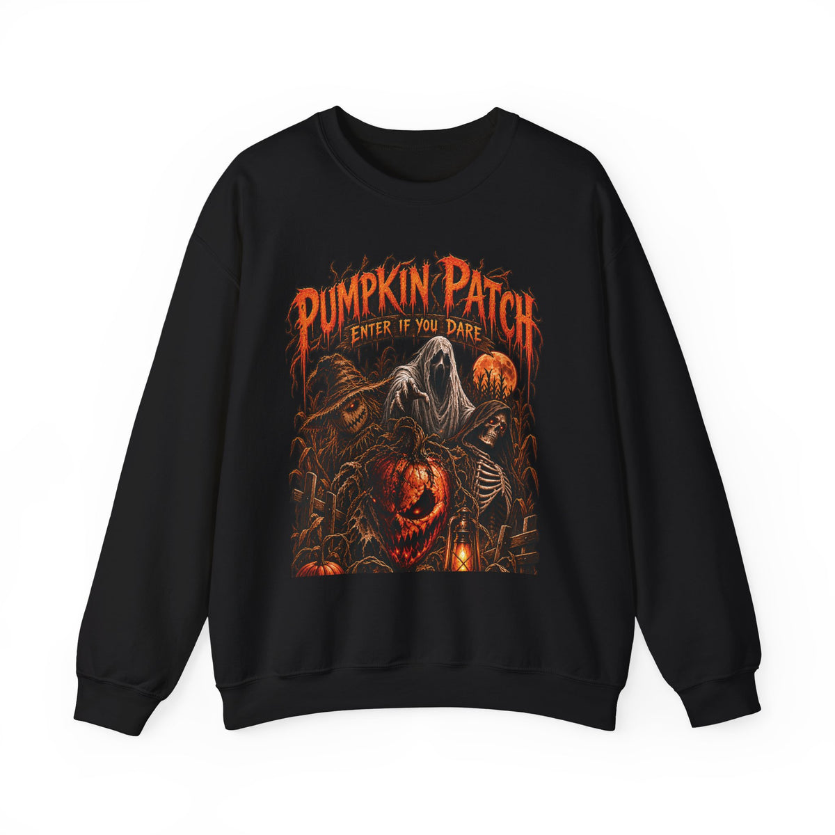 Pumpkin Patch Horror Crewneck Sweatshirt – Spooky Halloween Skull & Jack-O'-Lantern Design