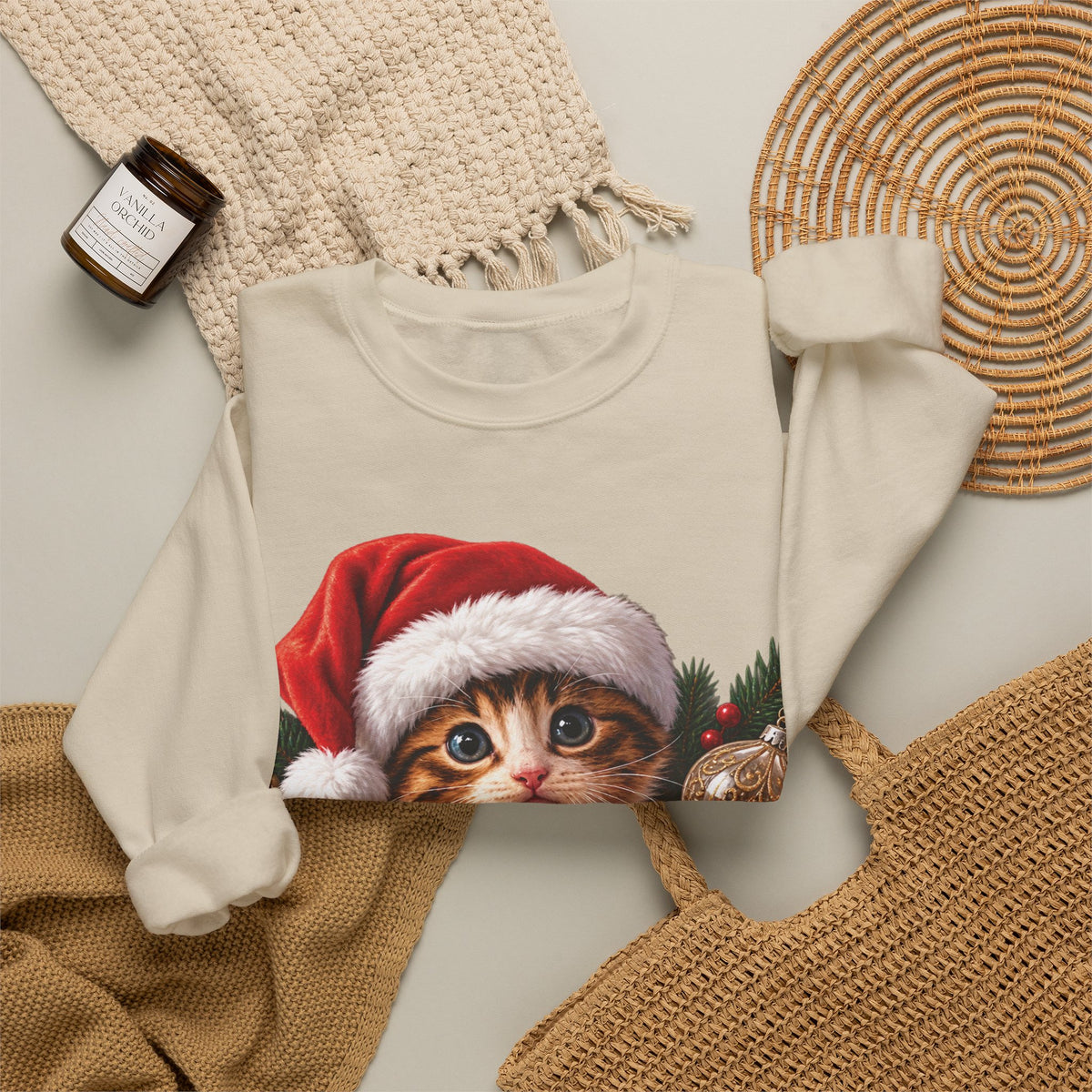Christmas Kitten Crewneck Sweatshirt — "Merry Christmas" Holiday Cat Sweater