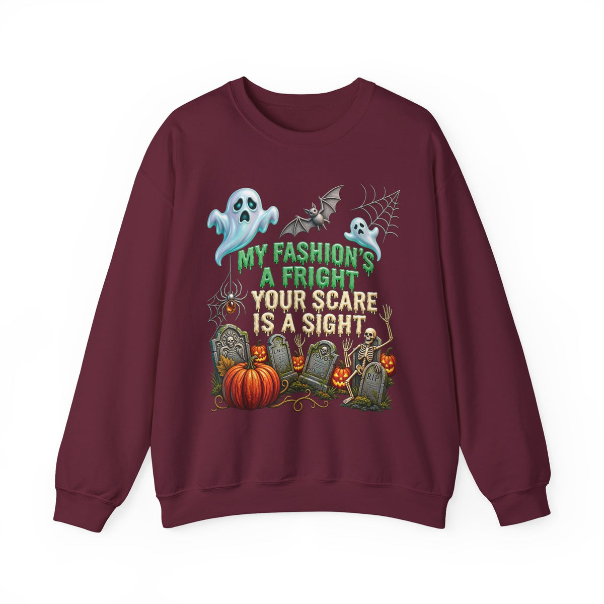 Halloween Ghost Crewneck Sweatshirt — "My Fashion's a Fright, Your Scare Is a Sight"