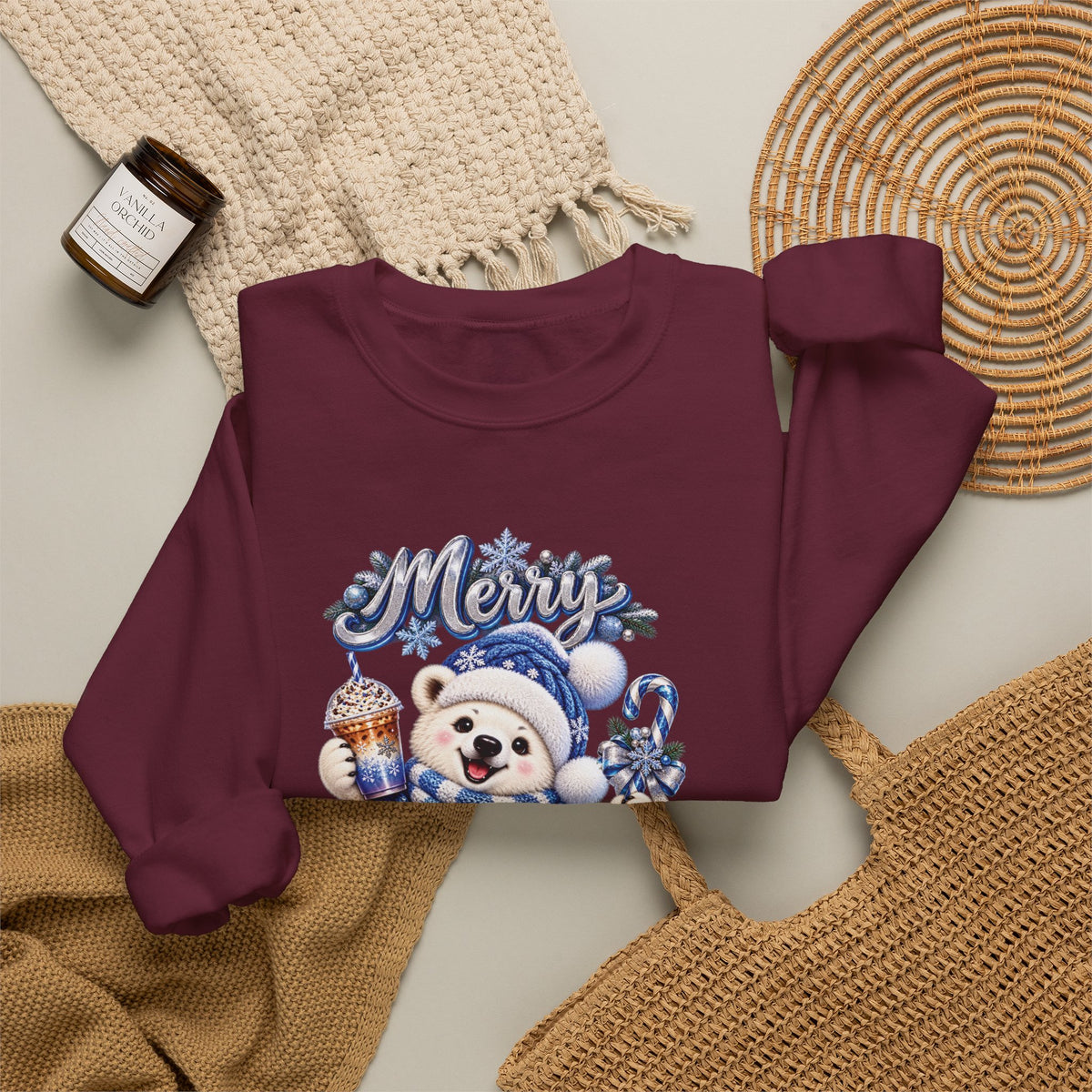 Christmas Bear Sweatshirt — Merry Christmas Blue Holiday Crewneck