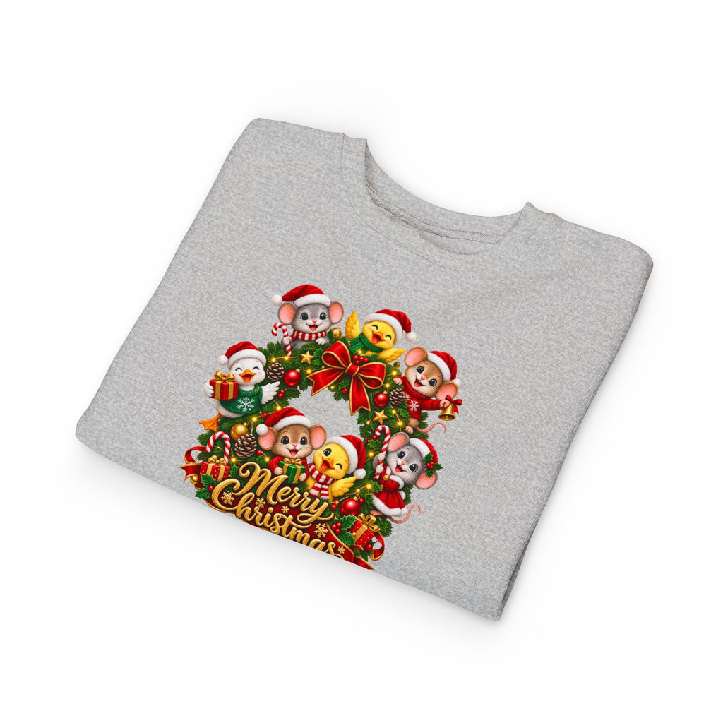 Toddler Sweatshirt — Merry Christmas Animal Wreath Holiday Crewneck