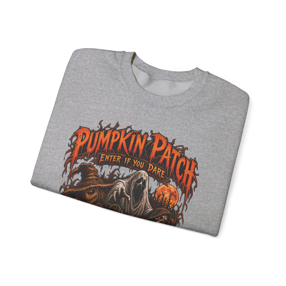 Pumpkin Patch Horror Crewneck Sweatshirt – Spooky Halloween Skull & Jack-O'-Lantern Design