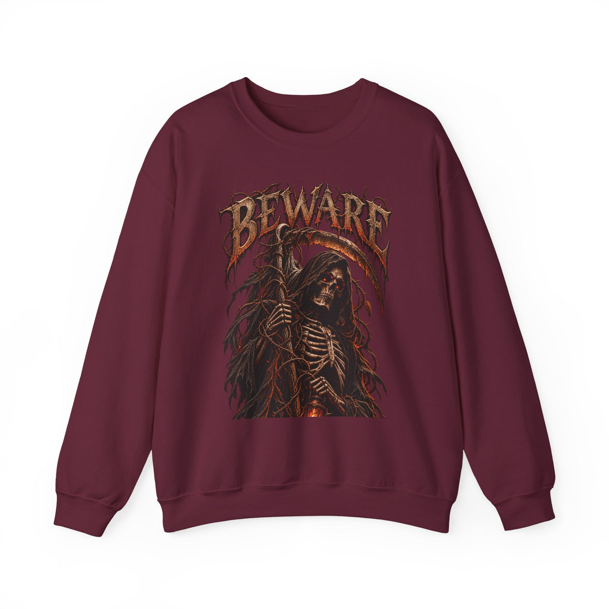 Beware Grim Reaper Sweatshirt — Gothic Skeleton Crewneck