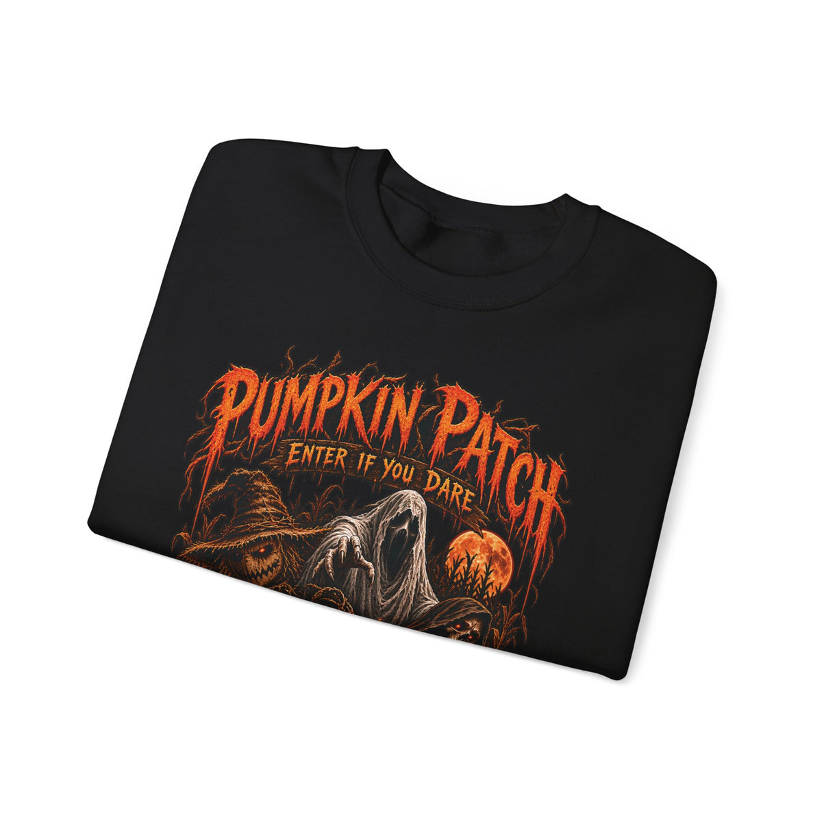Pumpkin Patch Horror Crewneck Sweatshirt – Spooky Halloween Skull & Jack-O'-Lantern Design