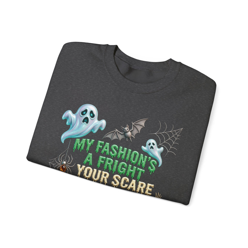 Halloween Ghost Crewneck Sweatshirt — "My Fashion's a Fright, Your Scare Is a Sight"