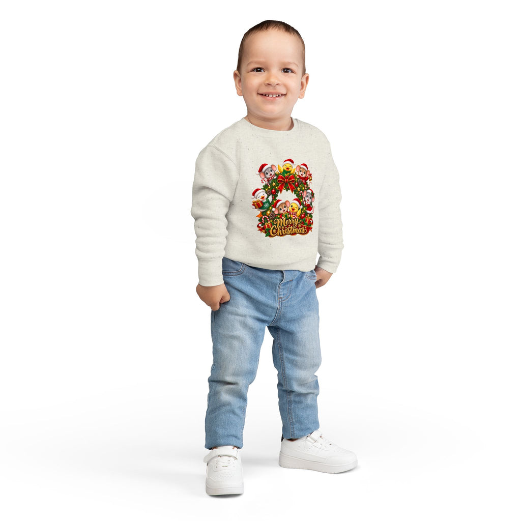 Toddler Sweatshirt — Merry Christmas Animal Wreath Holiday Crewneck