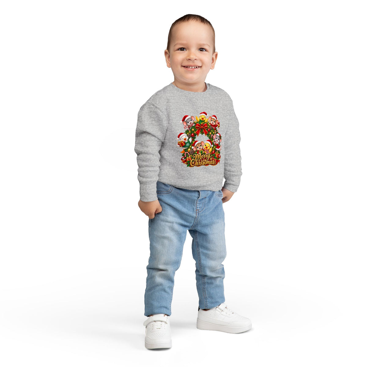 Toddler Sweatshirt — Merry Christmas Animal Wreath Holiday Crewneck