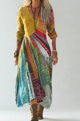 Women's printed long-sleeved V-neck dress
