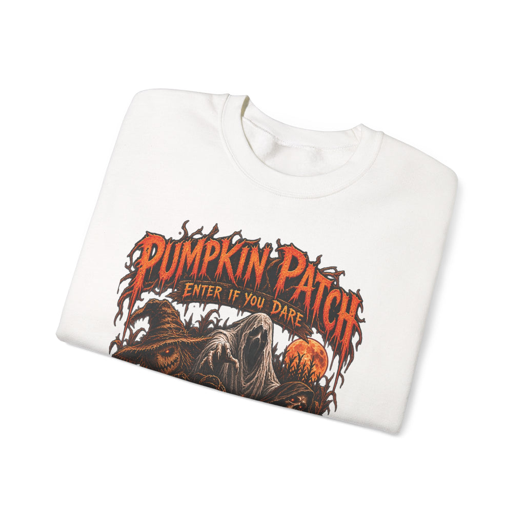 Pumpkin Patch Horror Crewneck Sweatshirt – Spooky Halloween Skull & Jack-O'-Lantern Design