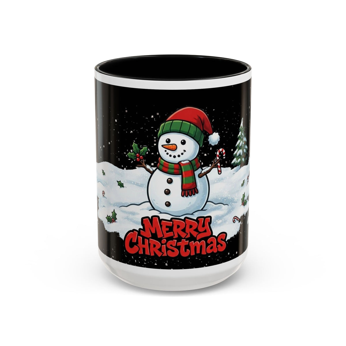 Merry Christmas Snowman Accent Coffee Mug — Festive Holiday 11/15oz
