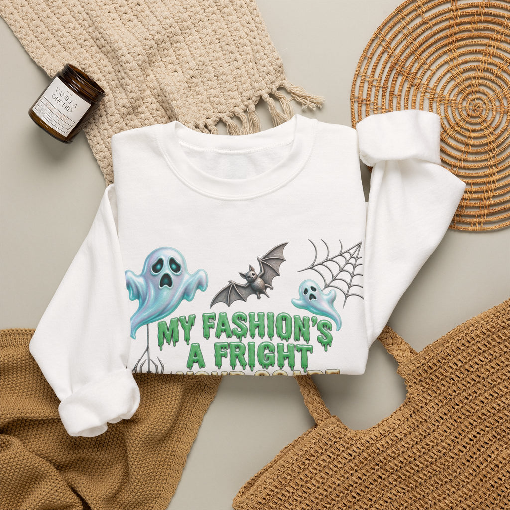 Halloween Ghost Crewneck Sweatshirt — "My Fashion's a Fright, Your Scare Is a Sight"