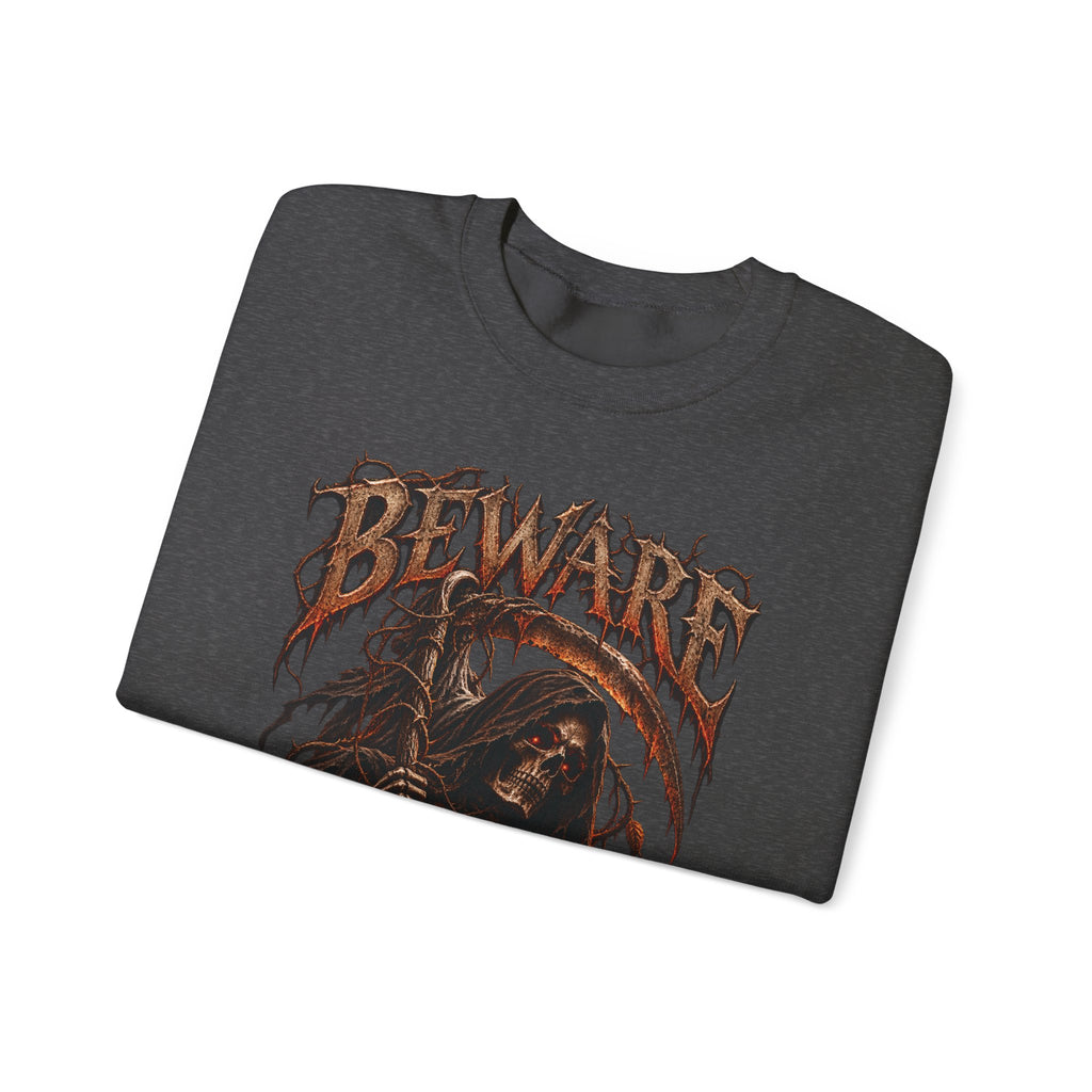 Beware Grim Reaper Sweatshirt — Gothic Skeleton Crewneck
