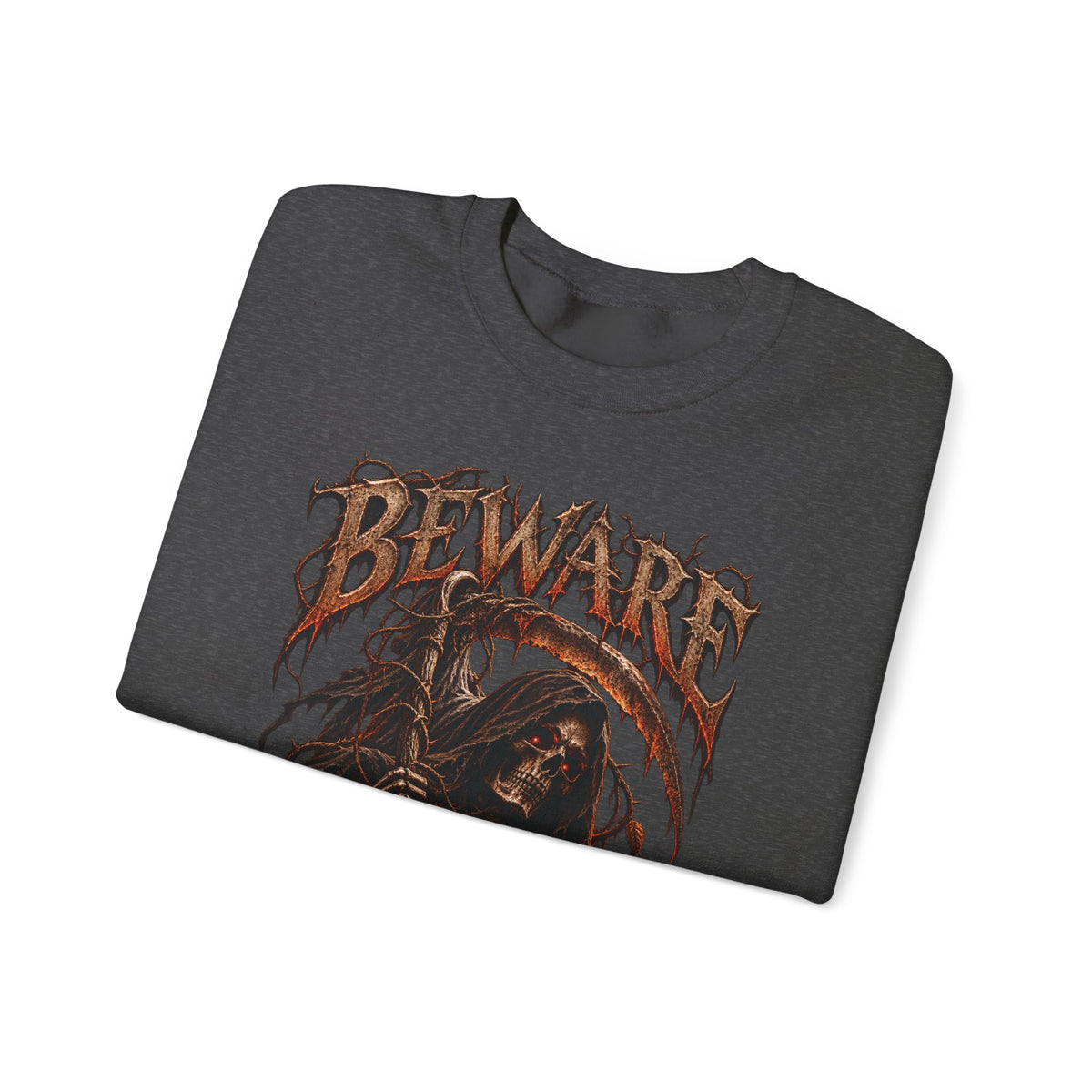 Beware Grim Reaper Sweatshirt — Gothic Skeleton Crewneck