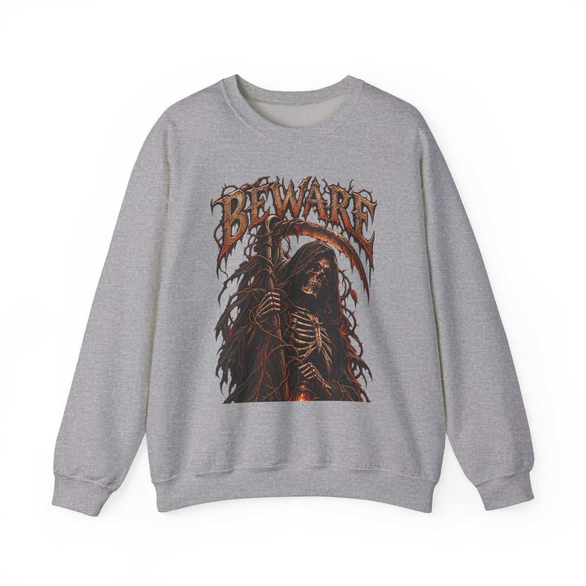 Beware Grim Reaper Sweatshirt — Gothic Skeleton Crewneck