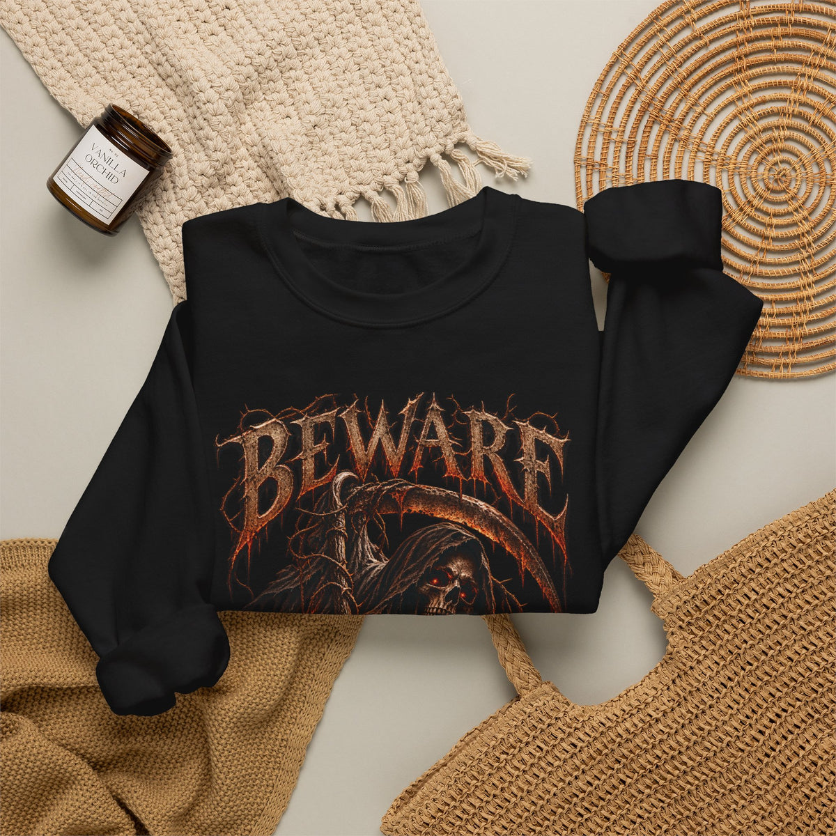 Beware Grim Reaper Sweatshirt — Gothic Skeleton Crewneck