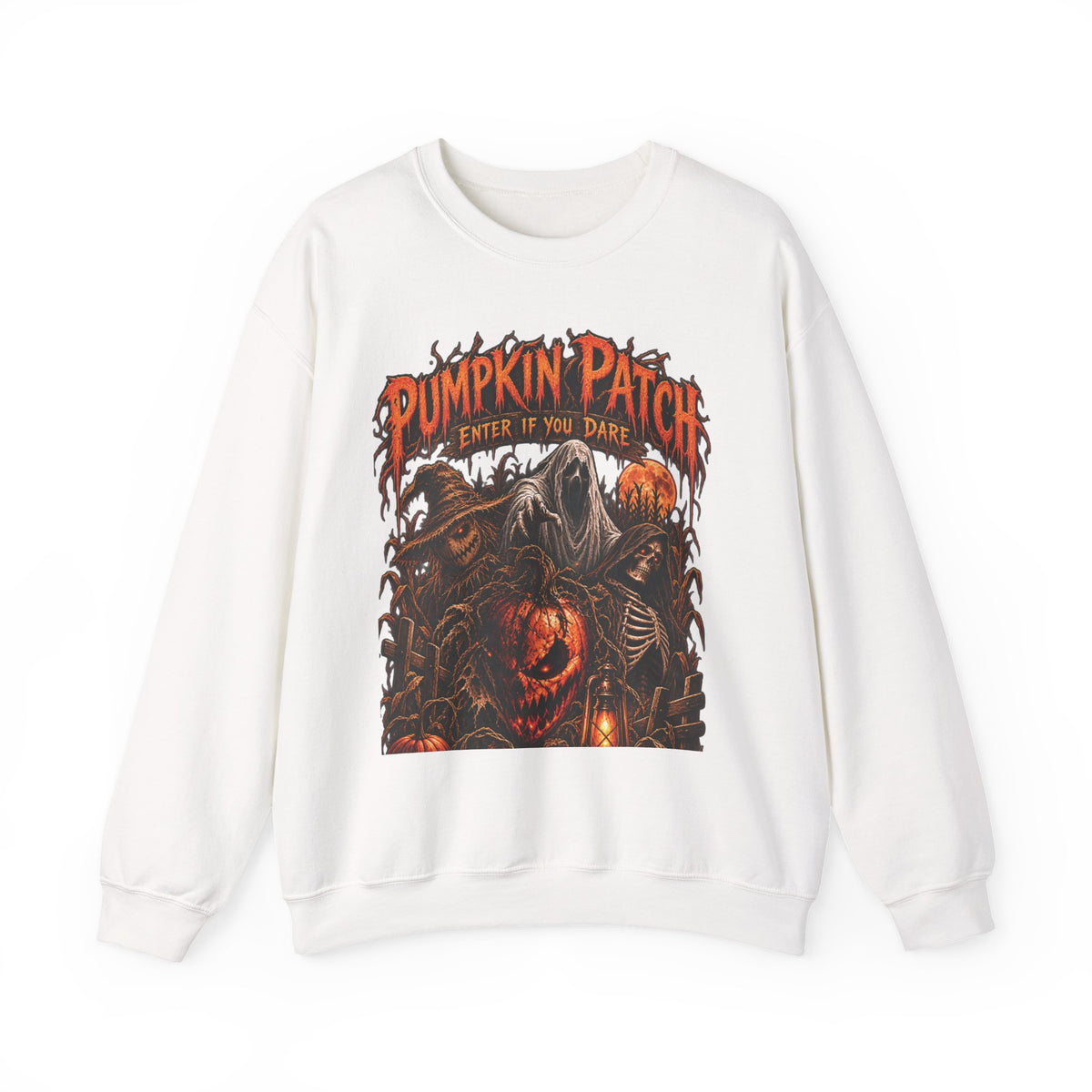 Pumpkin Patch Horror Crewneck Sweatshirt – Spooky Halloween Skull & Jack-O'-Lantern Design