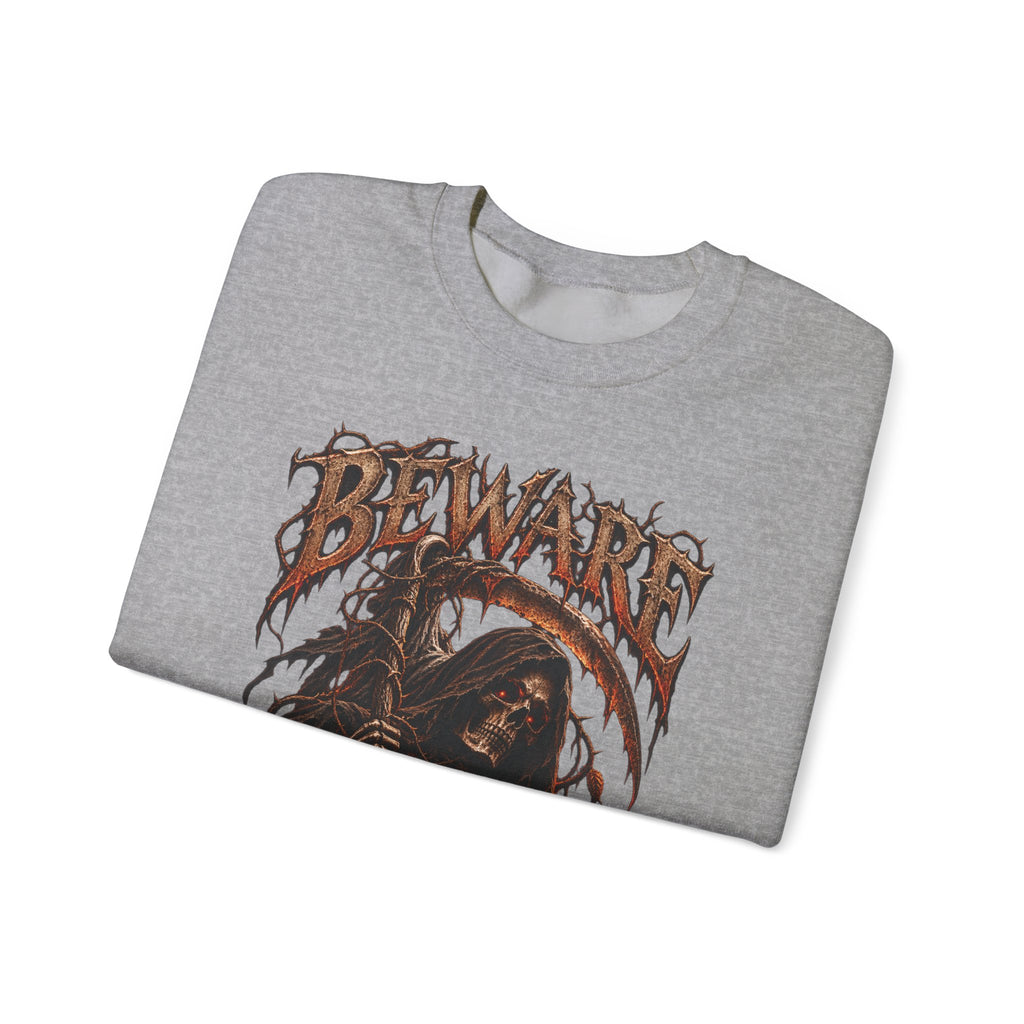 Beware Grim Reaper Sweatshirt — Gothic Skeleton Crewneck