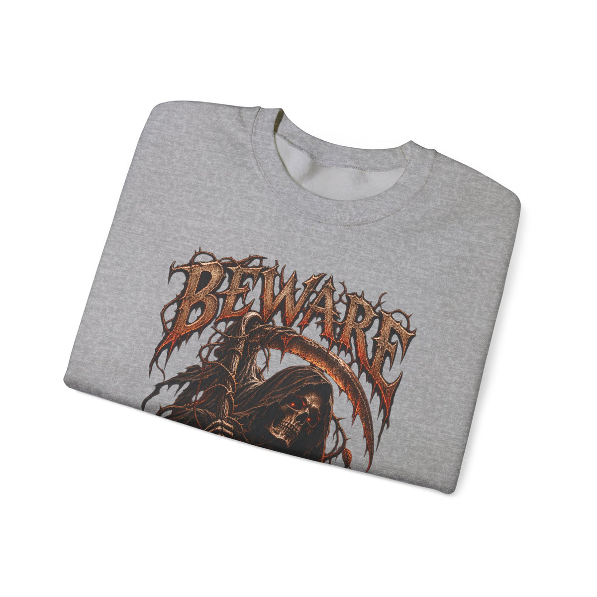 Beware Grim Reaper Sweatshirt — Gothic Skeleton Crewneck