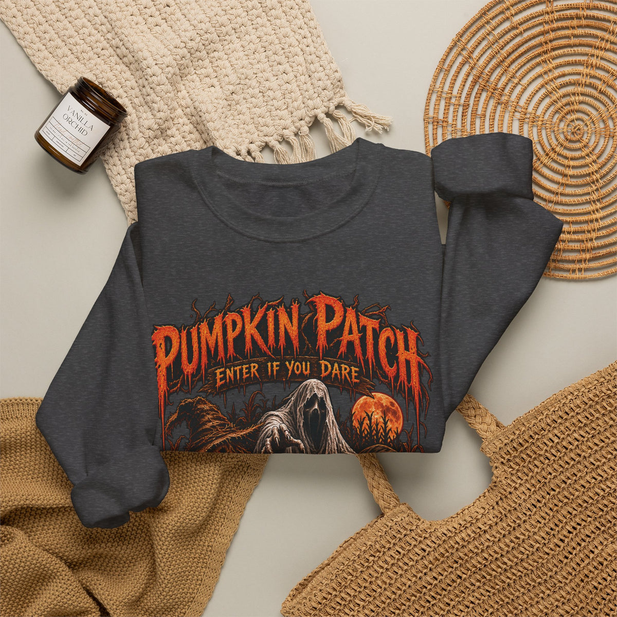 Pumpkin Patch Horror Crewneck Sweatshirt – Spooky Halloween Skull & Jack-O'-Lantern Design