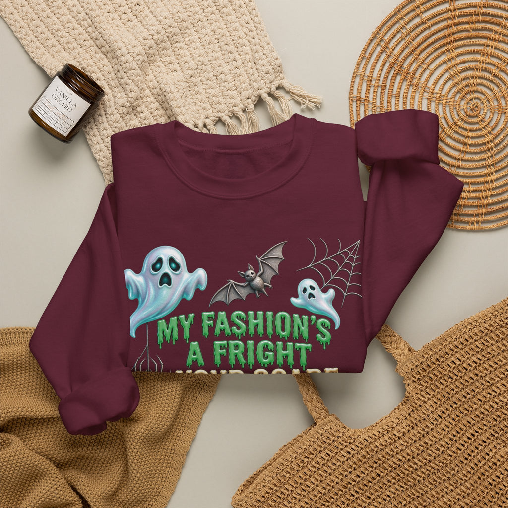 Halloween Ghost Crewneck Sweatshirt — "My Fashion's a Fright, Your Scare Is a Sight"