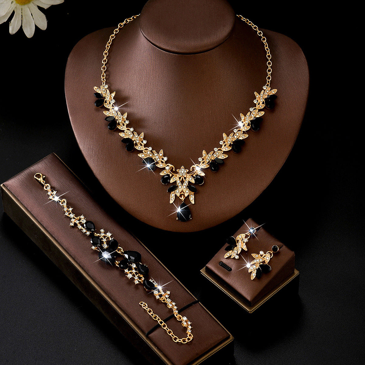 Leaf Design Rhinestone Necklace Earrings Bracelet Set