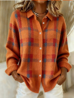 Sweater women's sweater top shirt collar check