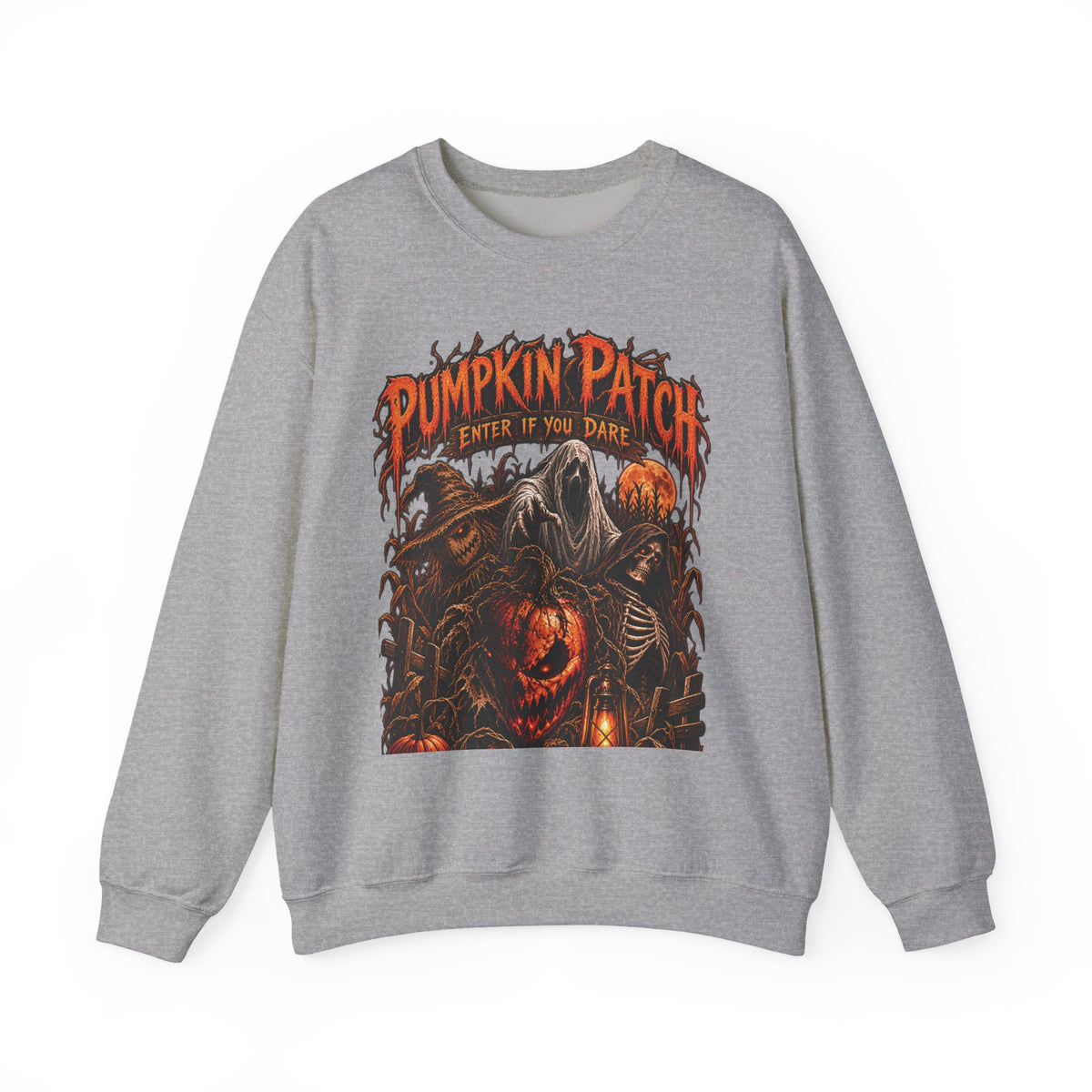 Pumpkin Patch Horror Crewneck Sweatshirt – Spooky Halloween Skull & Jack-O'-Lantern Design