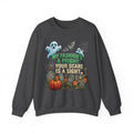 Halloween Ghost Crewneck Sweatshirt — "My Fashion's a Fright, Your Scare Is a Sight"