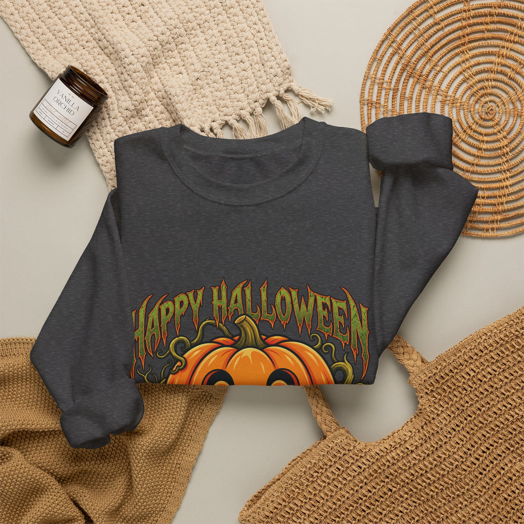 Halloween Pumpkin Crewneck Sweatshirt – "Happy Halloween" Jack-O'-Lantern Graphic