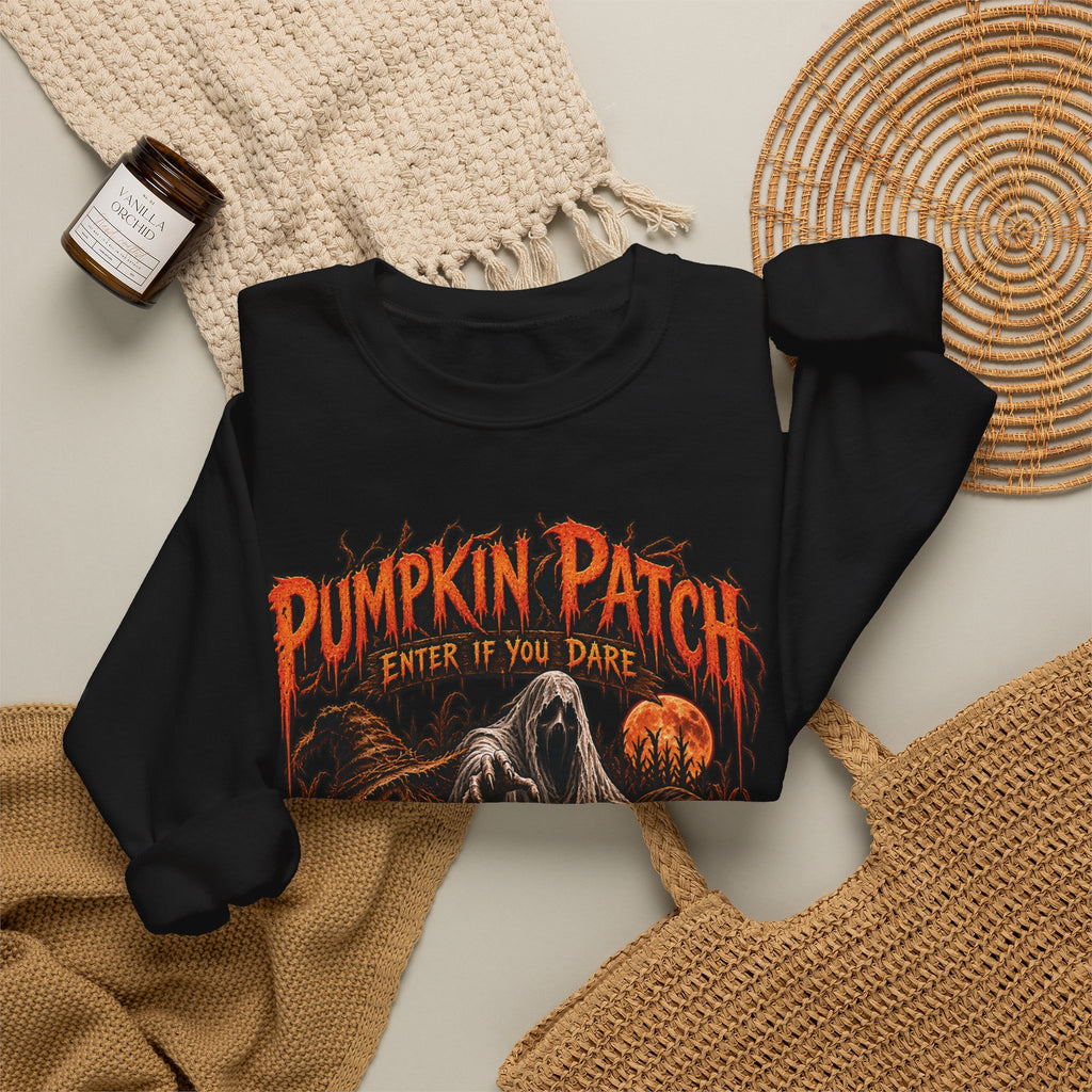 Pumpkin Patch Horror Crewneck Sweatshirt – Spooky Halloween Skull & Jack-O'-Lantern Design