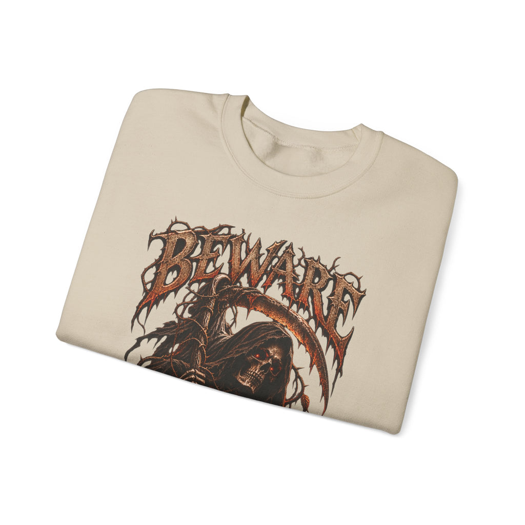 Beware Grim Reaper Sweatshirt — Gothic Skeleton Crewneck