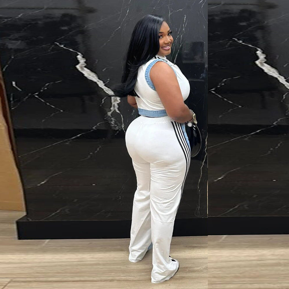 Casual Denim Top and Wide-Leg Pants Set