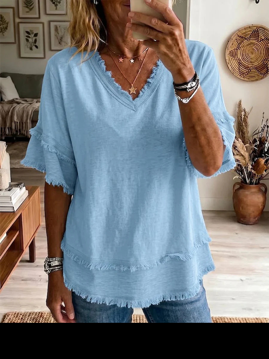 Womens V-Neck Short Sleeve Pullover Shirt