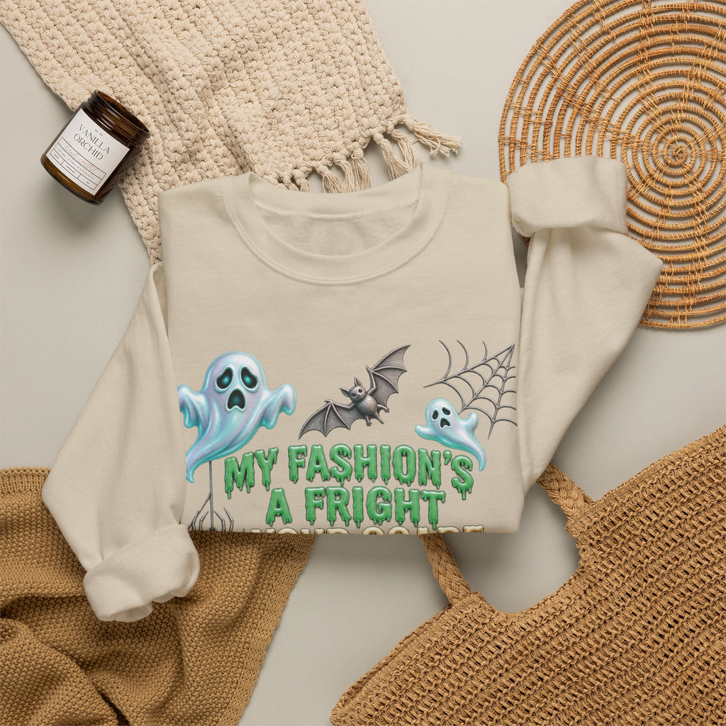 Halloween Ghost Crewneck Sweatshirt — "My Fashion's a Fright, Your Scare Is a Sight"